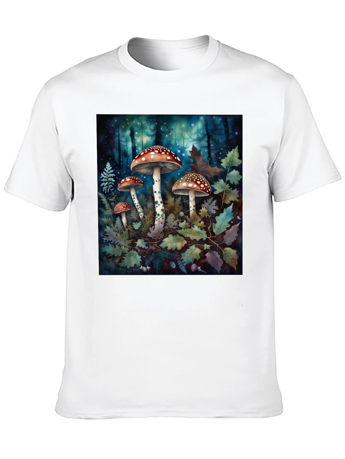 Camiseta Negra con Diseño de Bosque y Hongos
