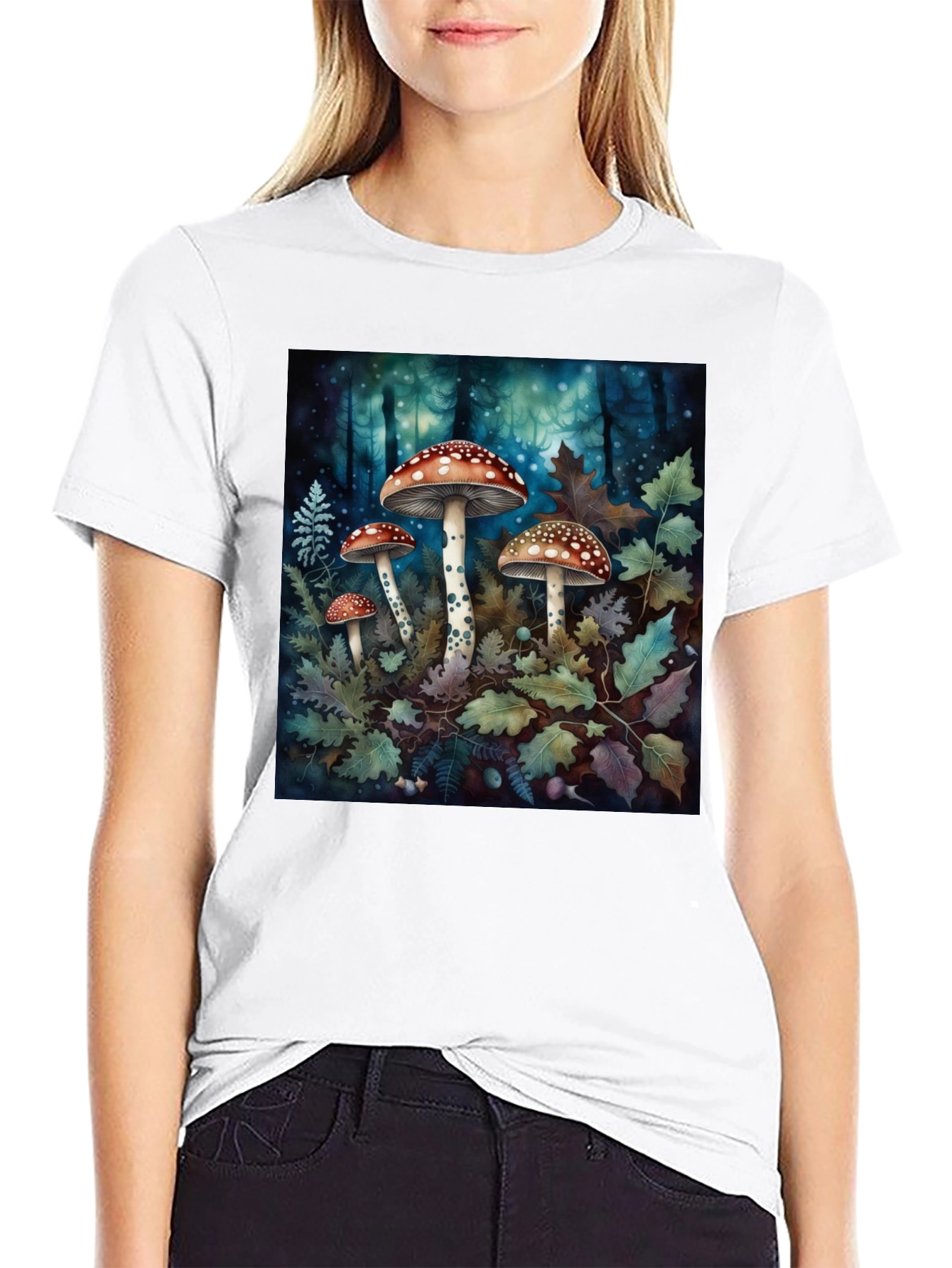 Camiseta Negra con Diseño de Bosque y Hongos