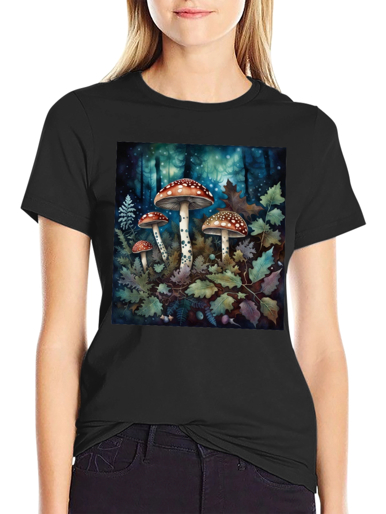 Camiseta Negra con Diseño de Bosque y Hongos