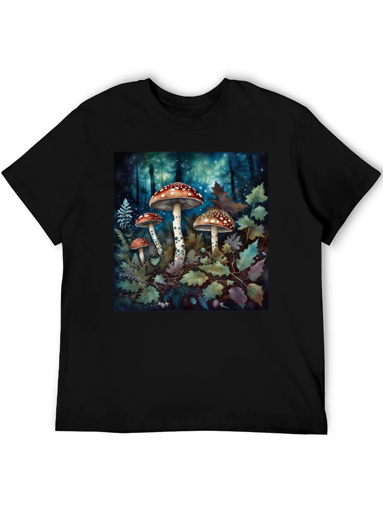 Camiseta Negra con Diseño de Bosque y Hongos