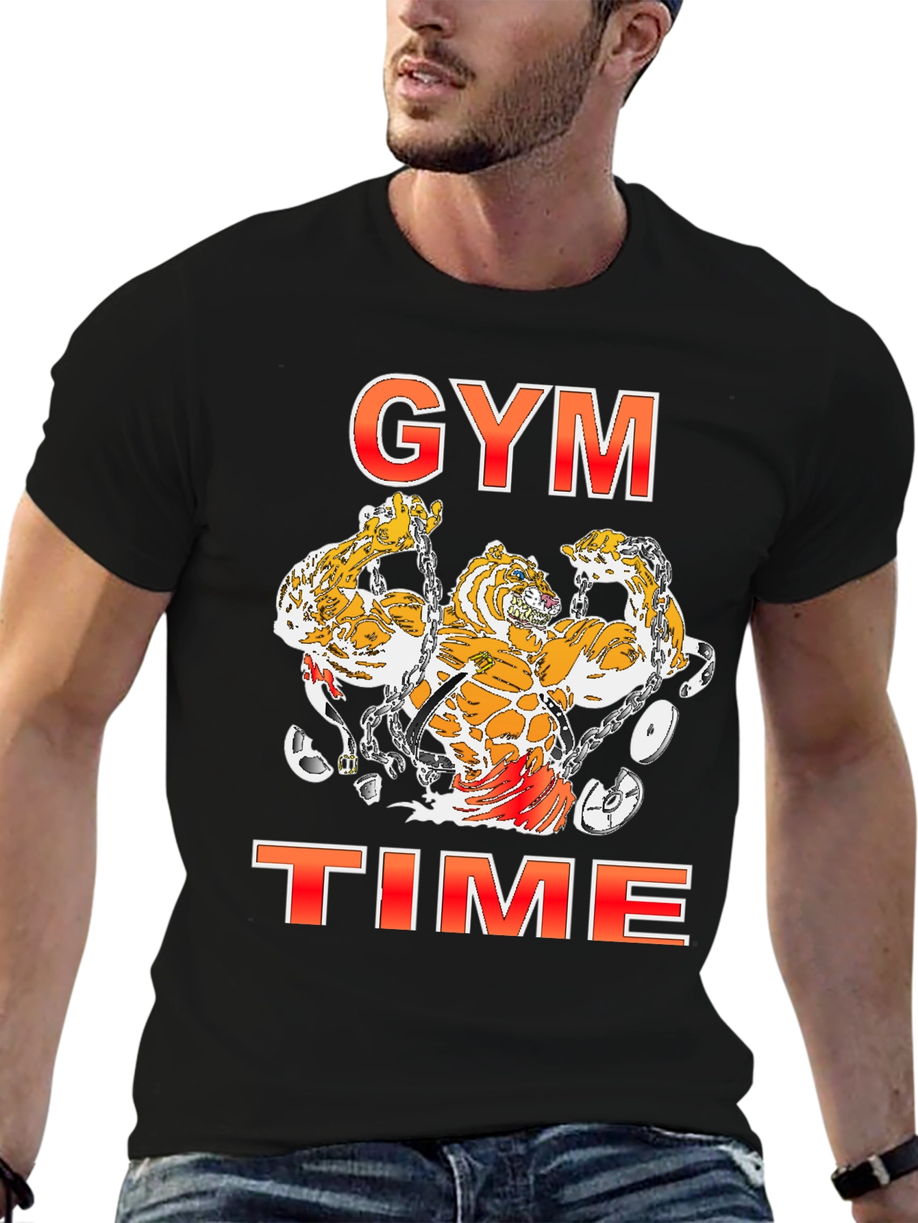 Camiseta Negra Estampada Gym Time con Tigres Musculosos