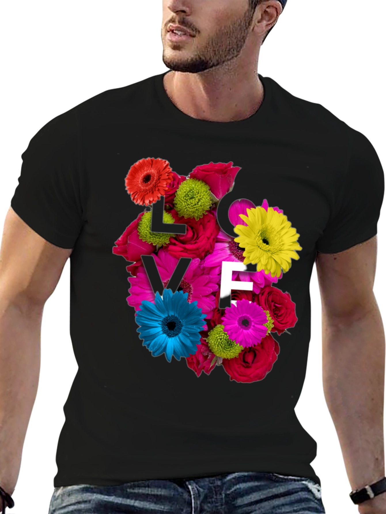 Camiseta Negra con Diseño Floral LOVE