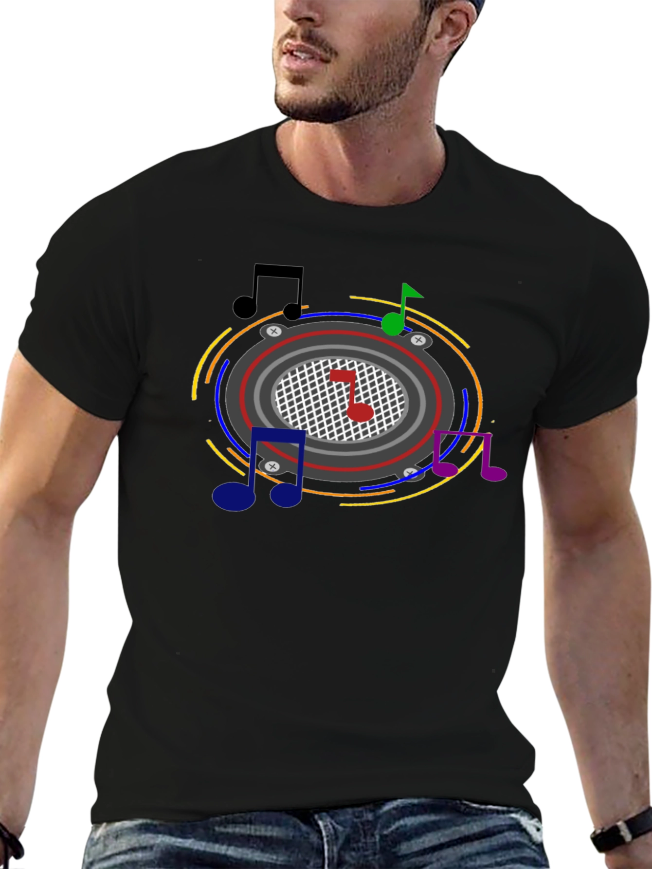 Camiseta Negra con Diseño Musical Abstracto