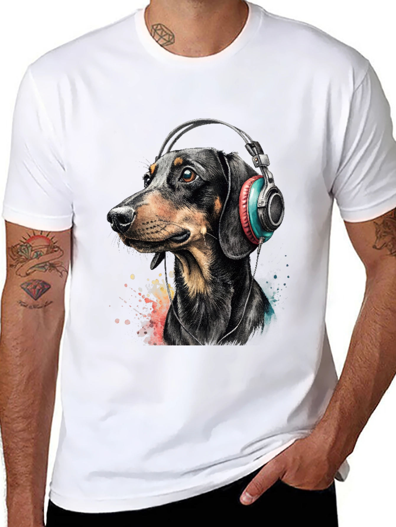Camiseta Hombre Perro Dachshund con Auriculares