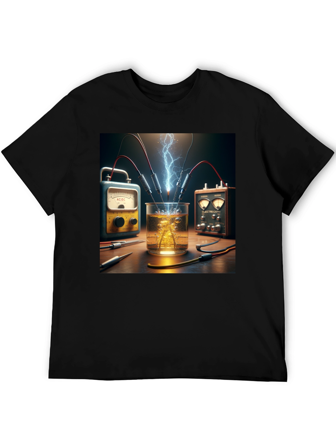 Camiseta Negra con Diseño de Experimento Eléctrico