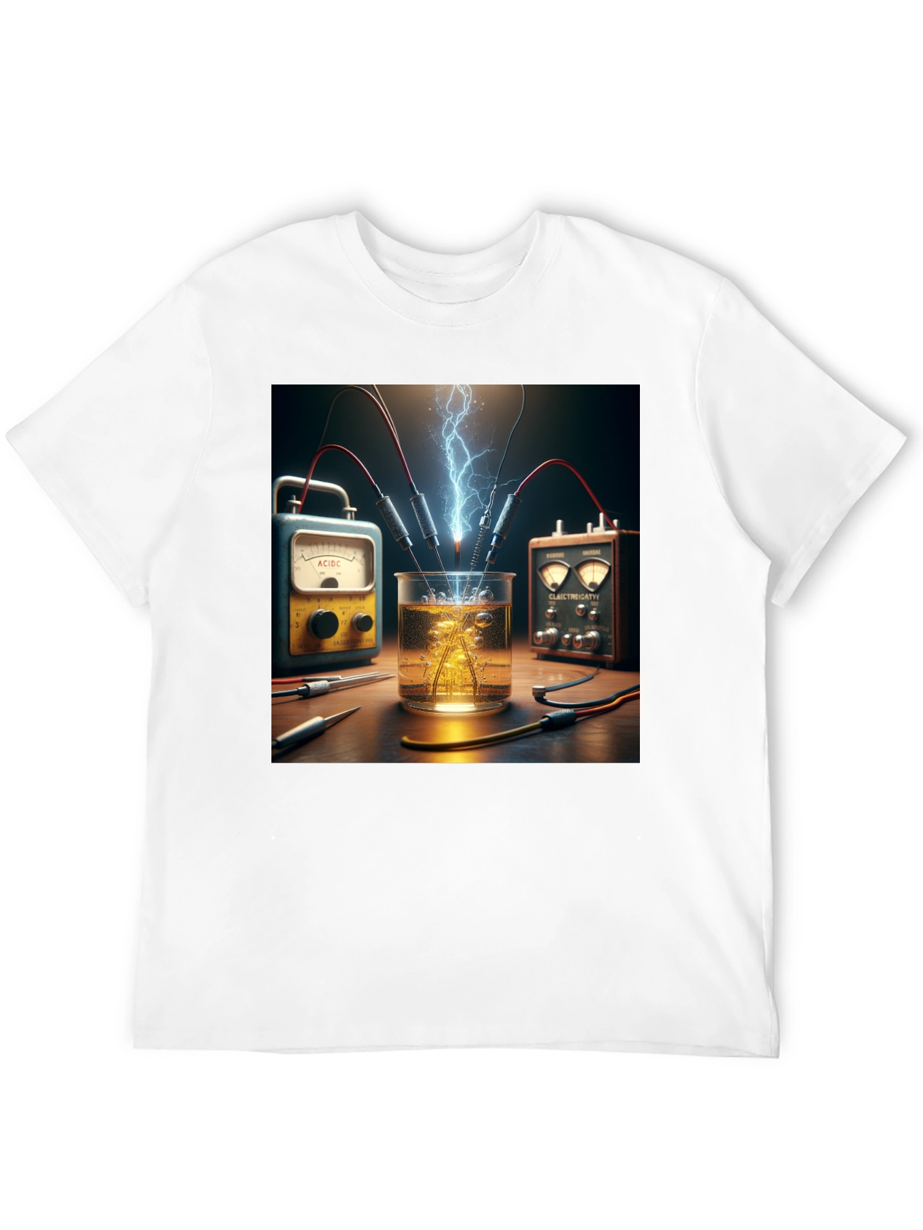 Camiseta Negra con Diseño de Experimento Eléctrico