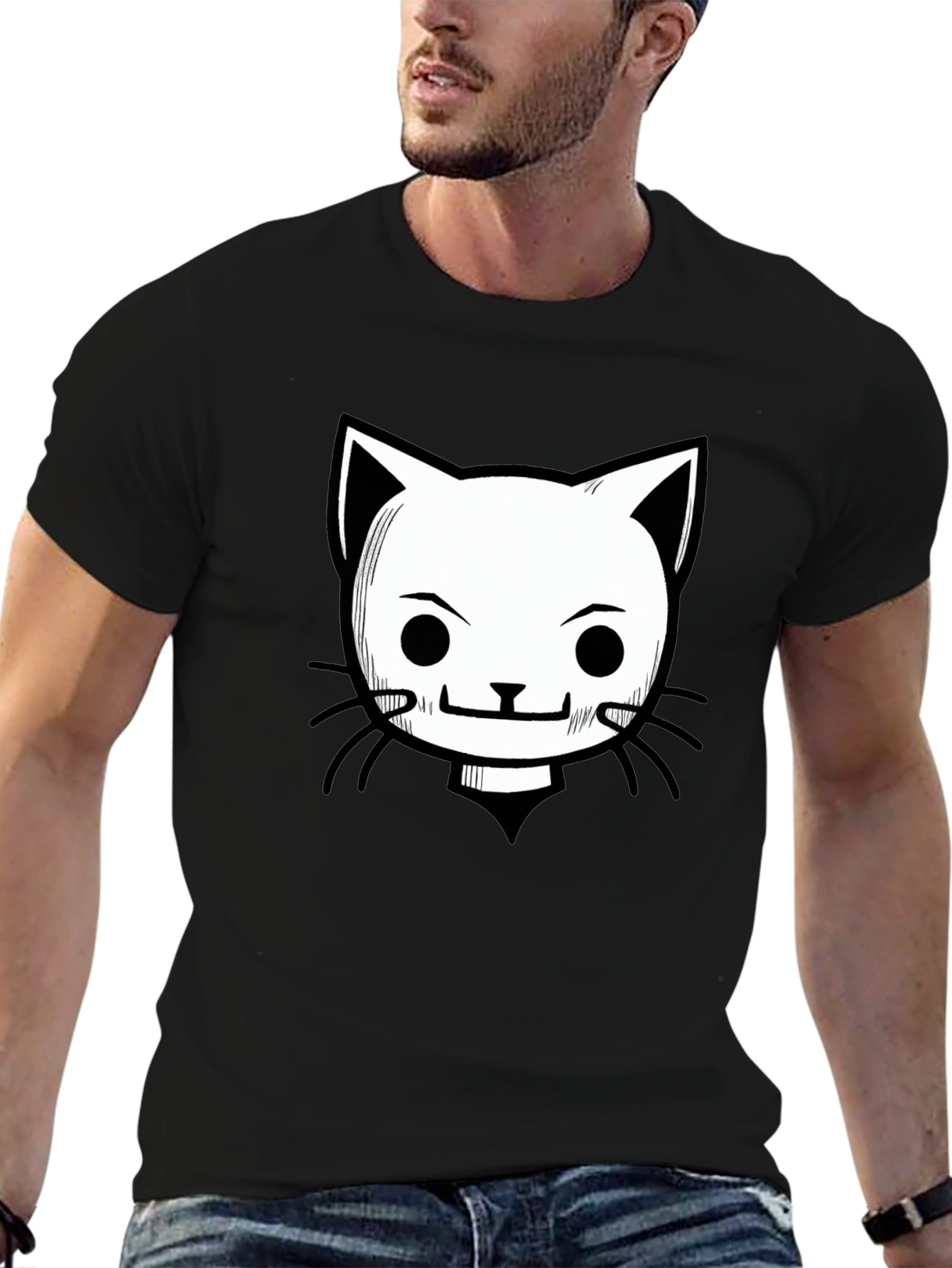 Camiseta Negra con Diseño de Gato Animado