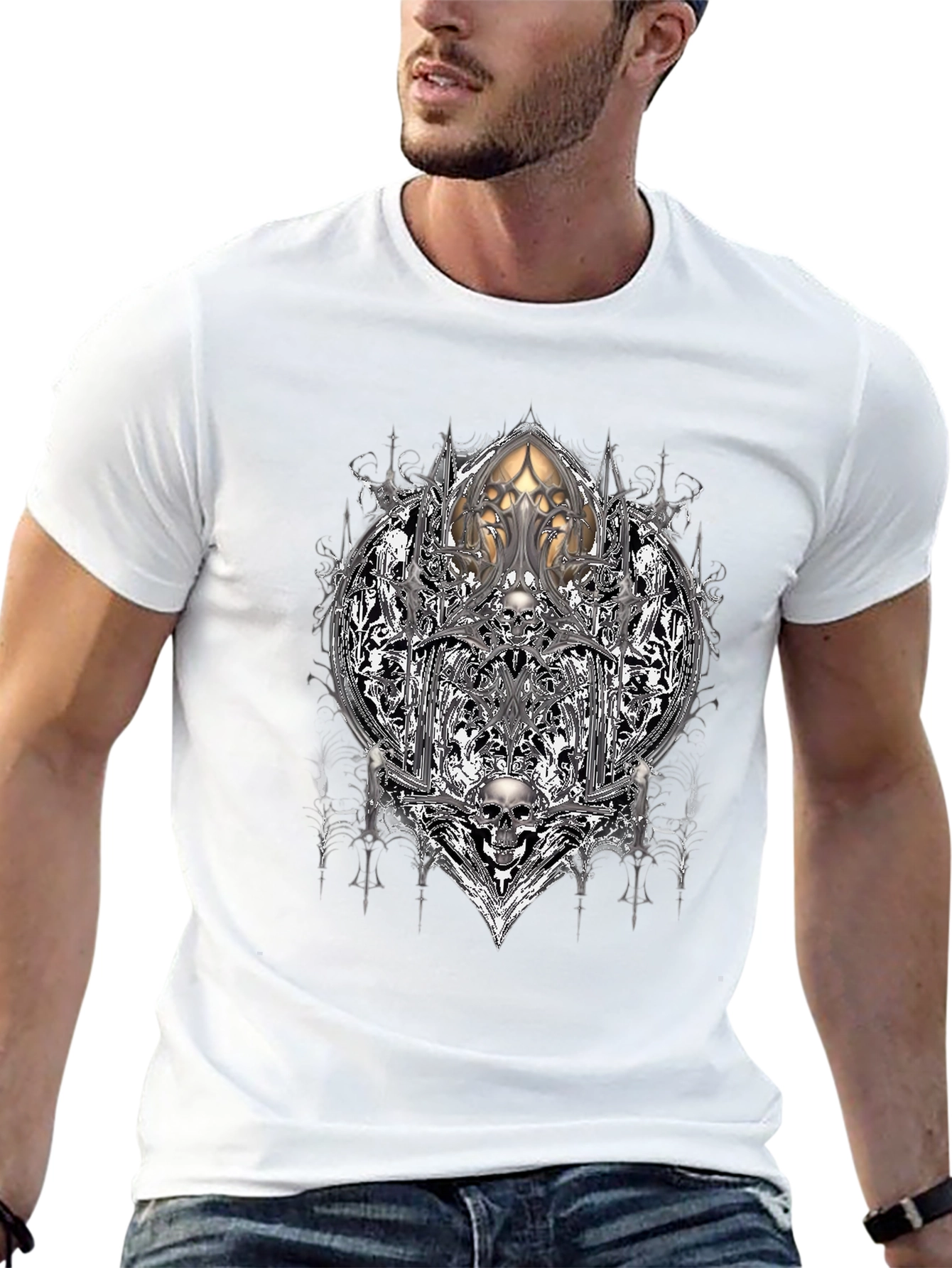 Camiseta Negra con Diseño Gótico de Calaveras