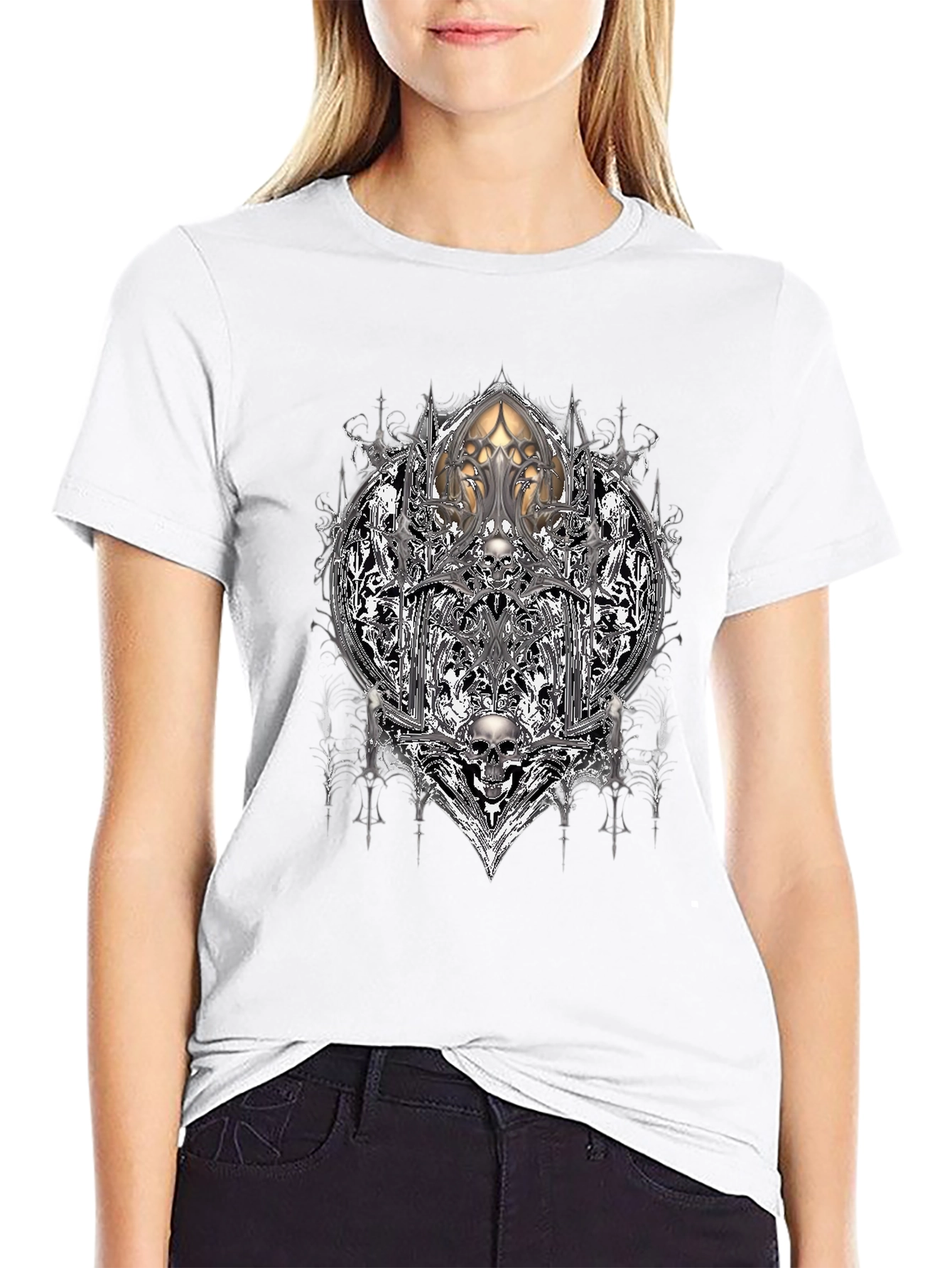 Camiseta Negra con Diseño Gótico de Calaveras