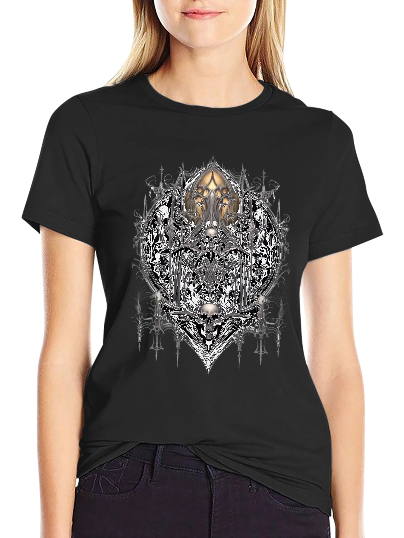 Camiseta Negra con Diseño Gótico de Calaveras