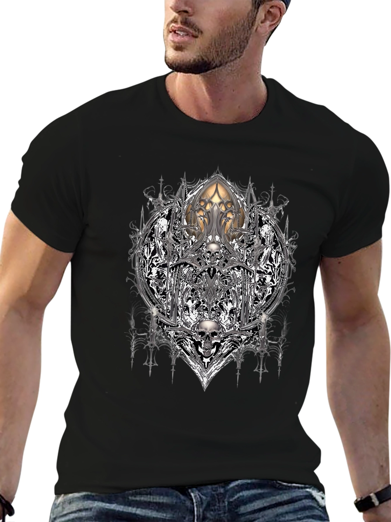 Camiseta Negra con Diseño Gótico de Calaveras
