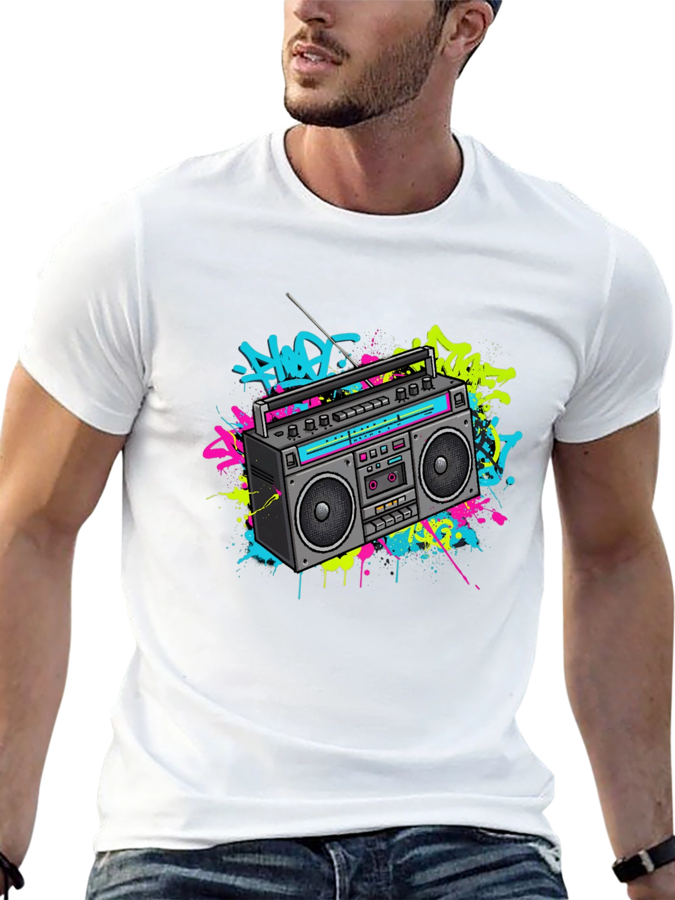 Camiseta Negra con Diseño Retro Radio