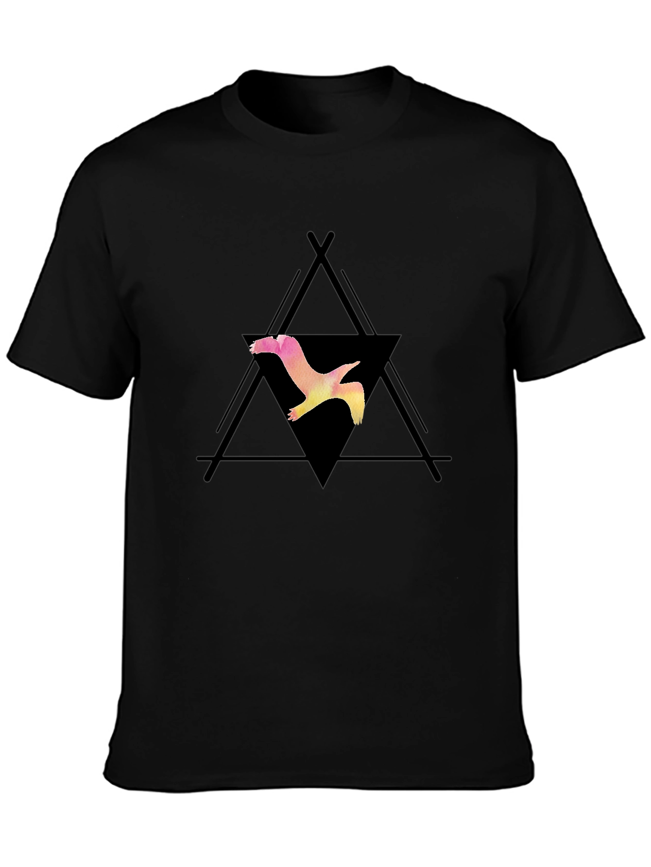 Camiseta Negra con Diseño de Ave Geométrica