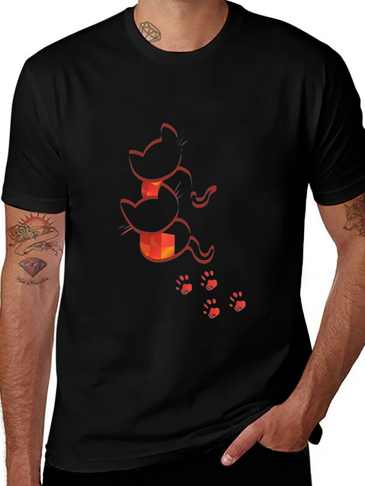 Camiseta Negra con Diseño de Gatos Naranja