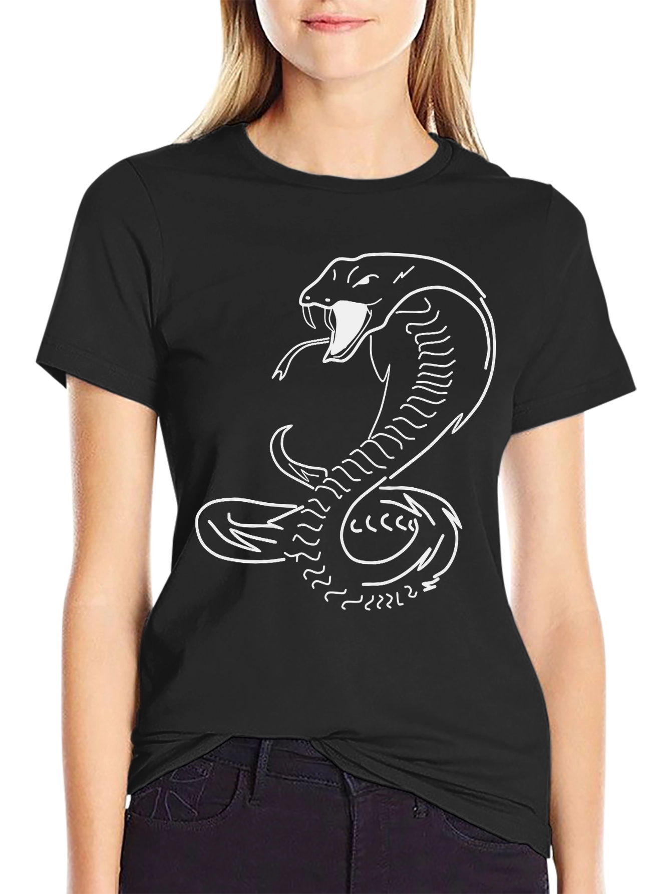 Camiseta Negra con Estampado de Cobra Blanca