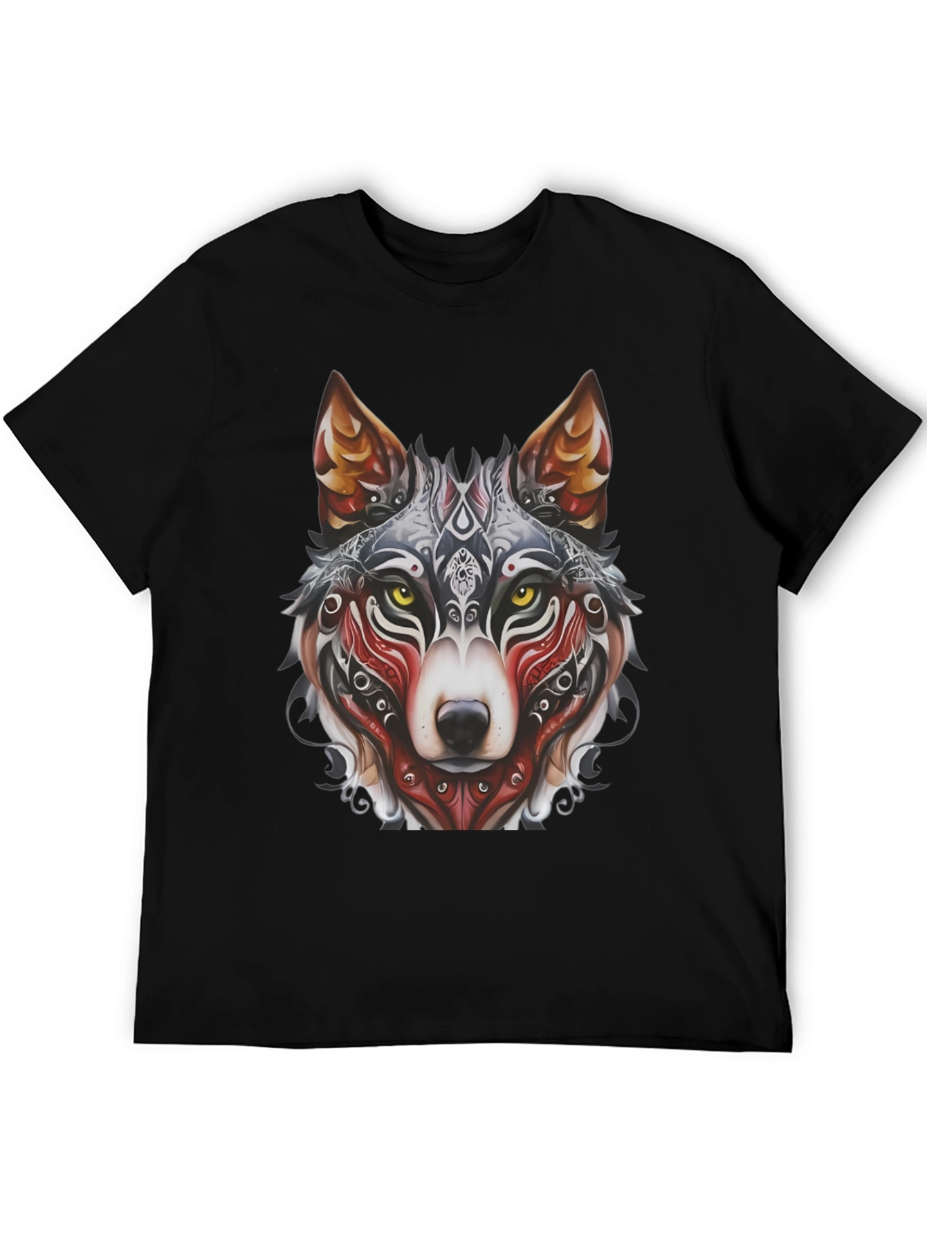 Camiseta Negra Hombre Diseño Lobo Tribal