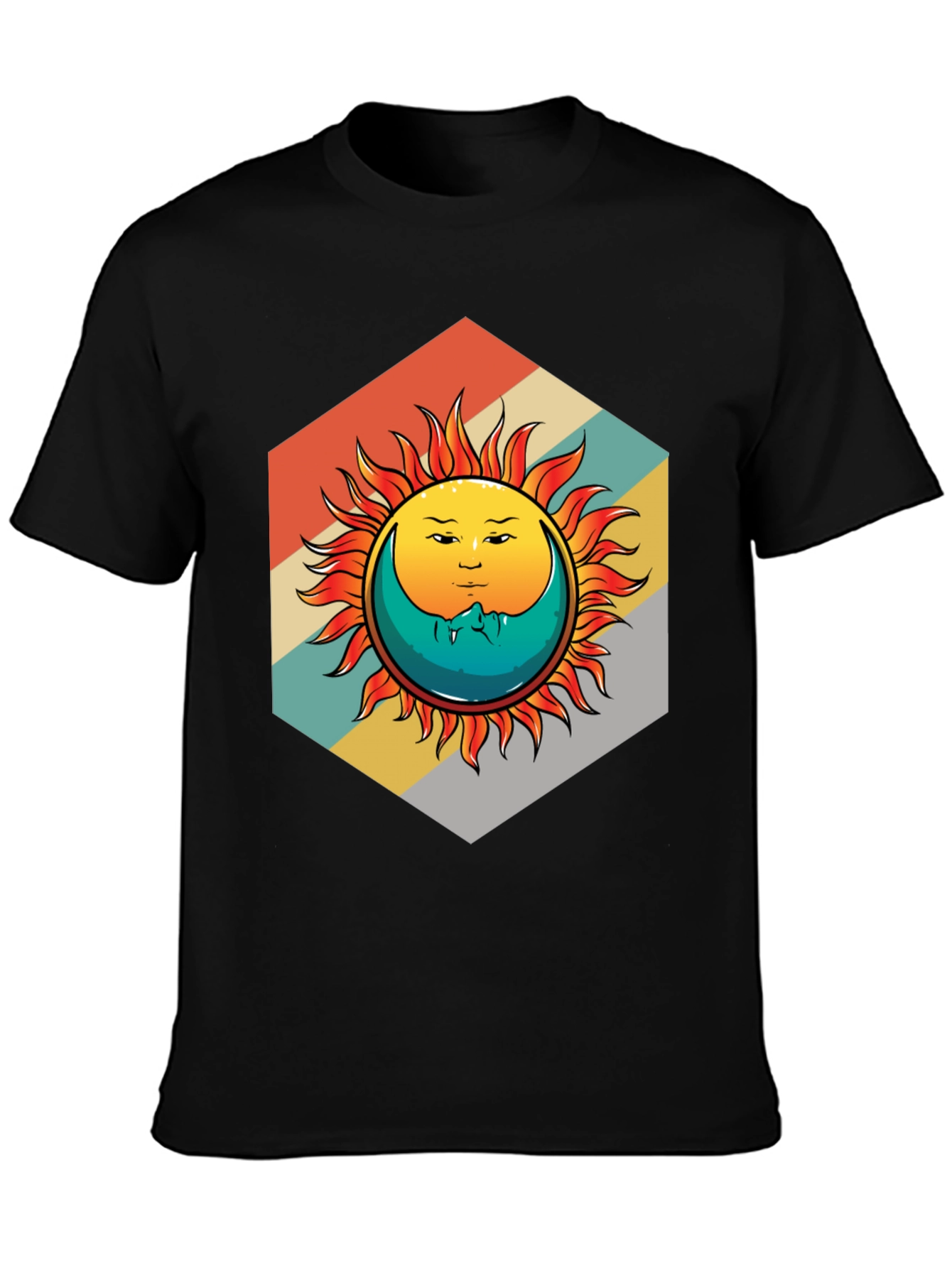Camiseta Negra con Diseño Sol y Luna Retro