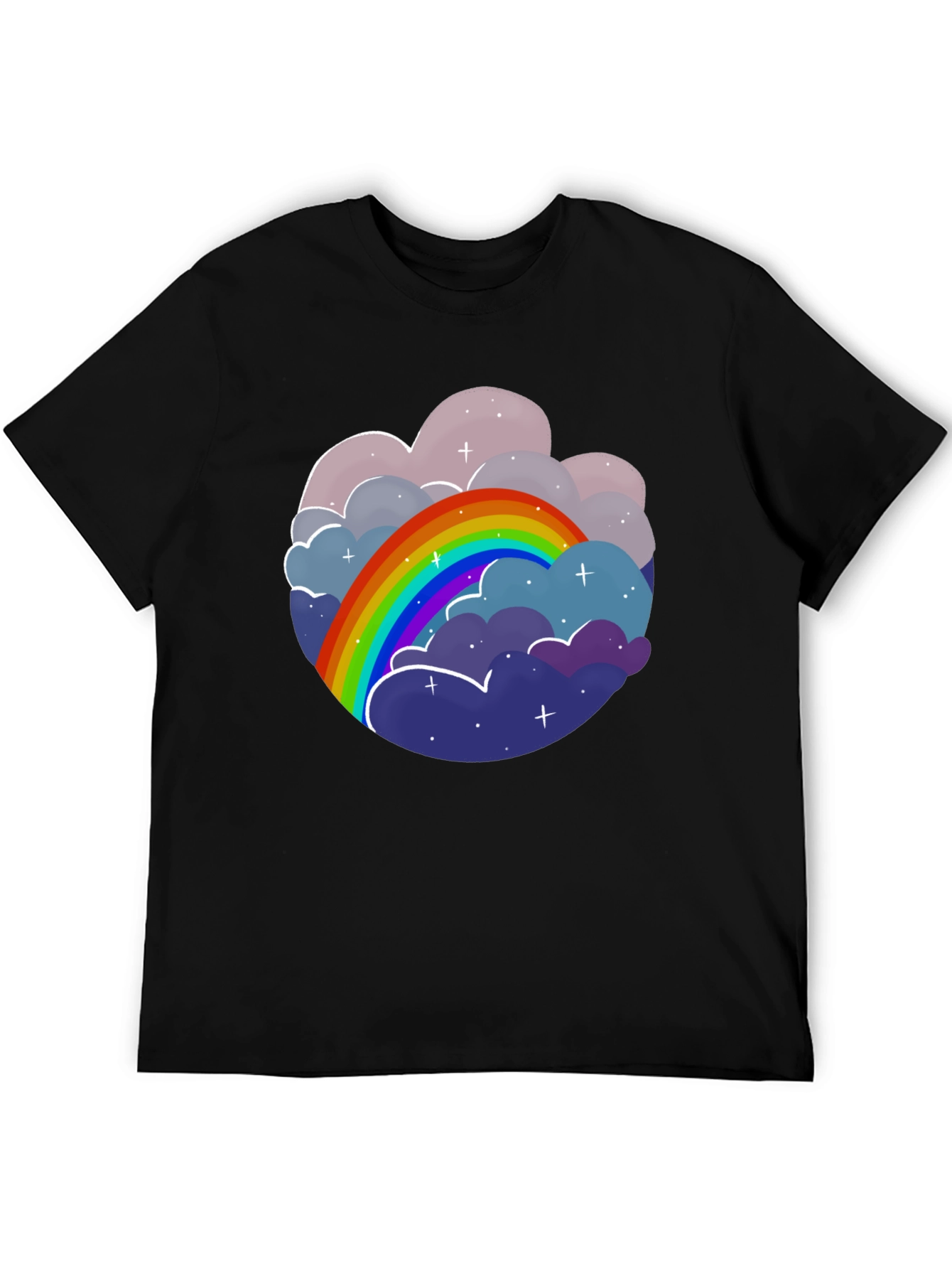 Camiseta Negra con Diseño de Arcoíris y Nubes