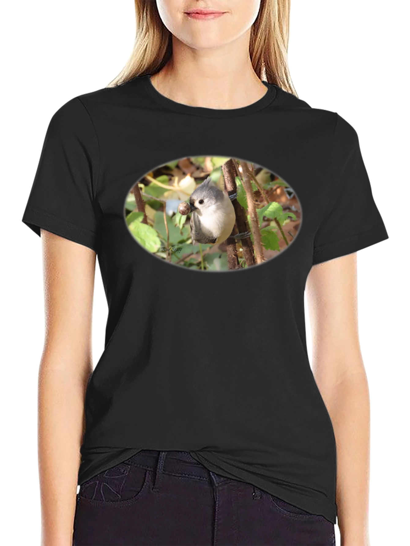 Camiseta Negra con Diseño de Ave Silvestre
