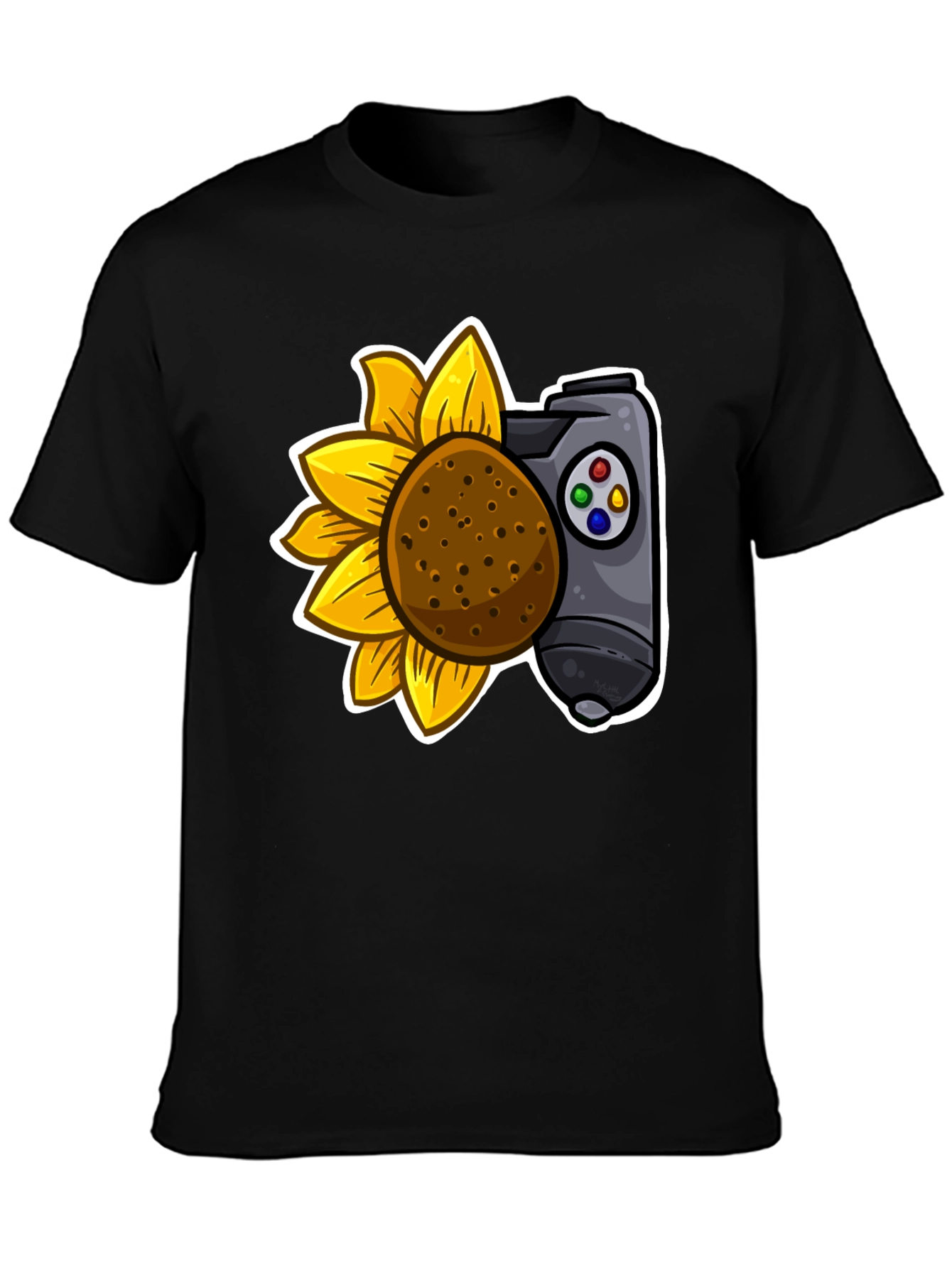 Camiseta Negra con Girasol y Mando de Videojuegos