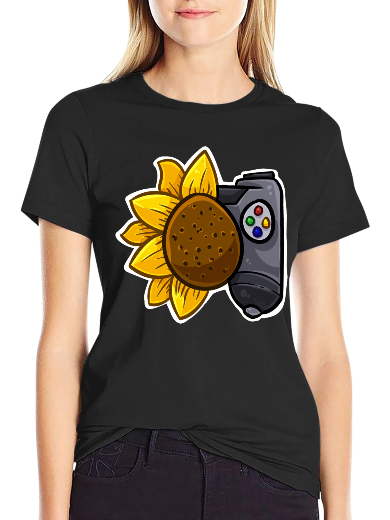 Camiseta Negra con Girasol y Mando de Videojuegos