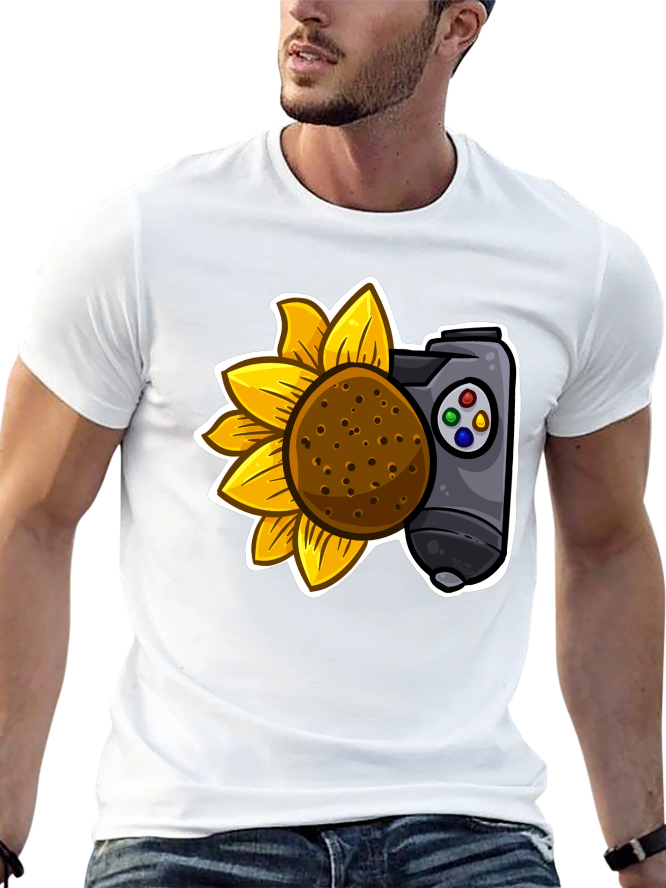 Camiseta Negra con Girasol y Mando de Videojuegos
