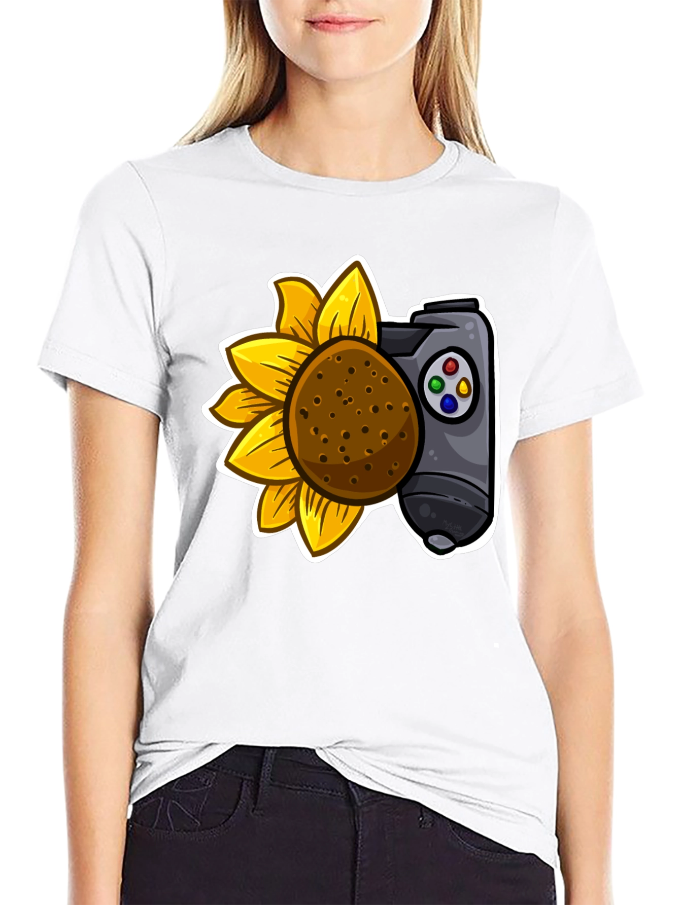 Camiseta Negra con Girasol y Mando de Videojuegos