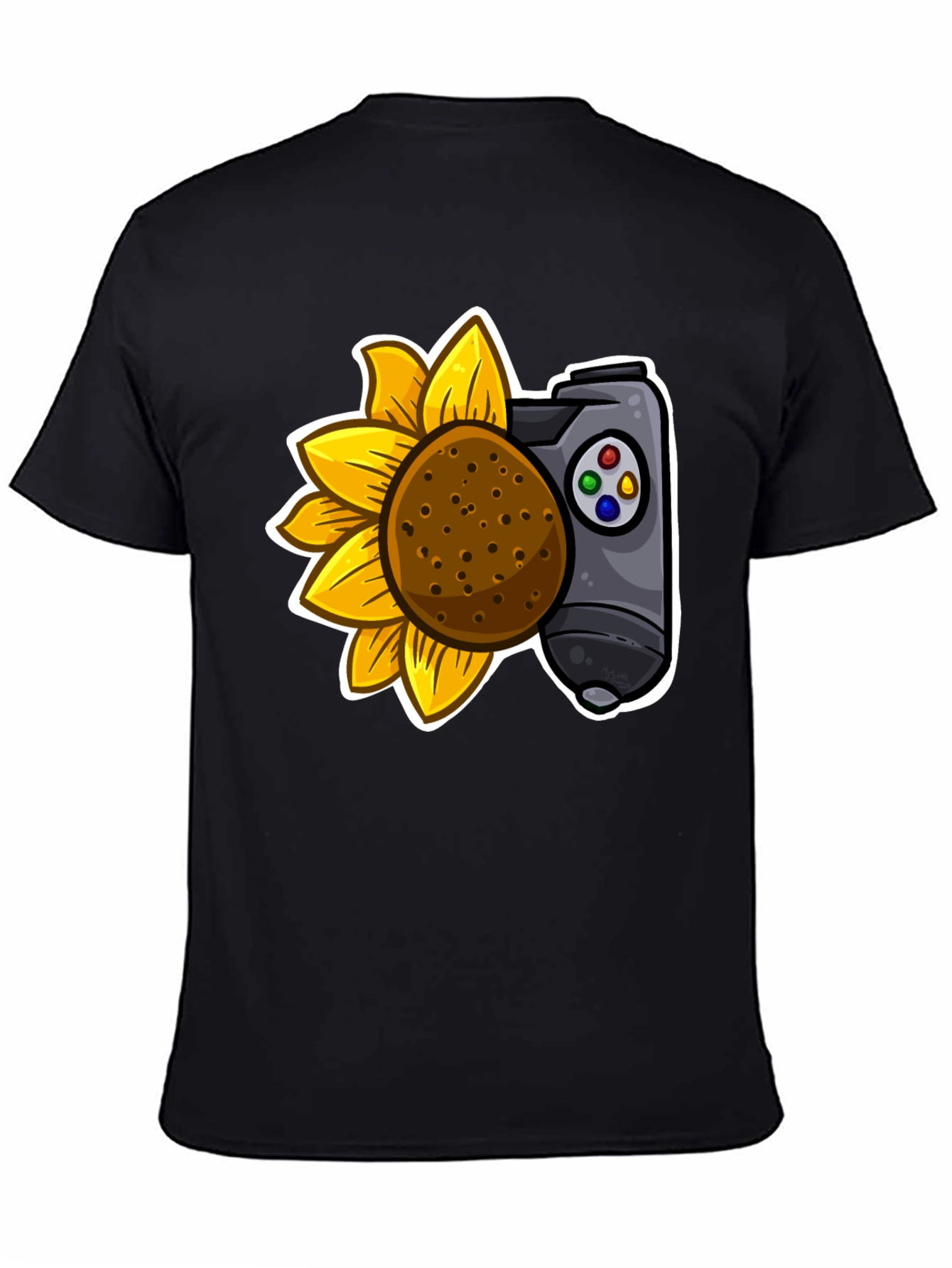 Camiseta Negra con Girasol y Mando de Videojuegos