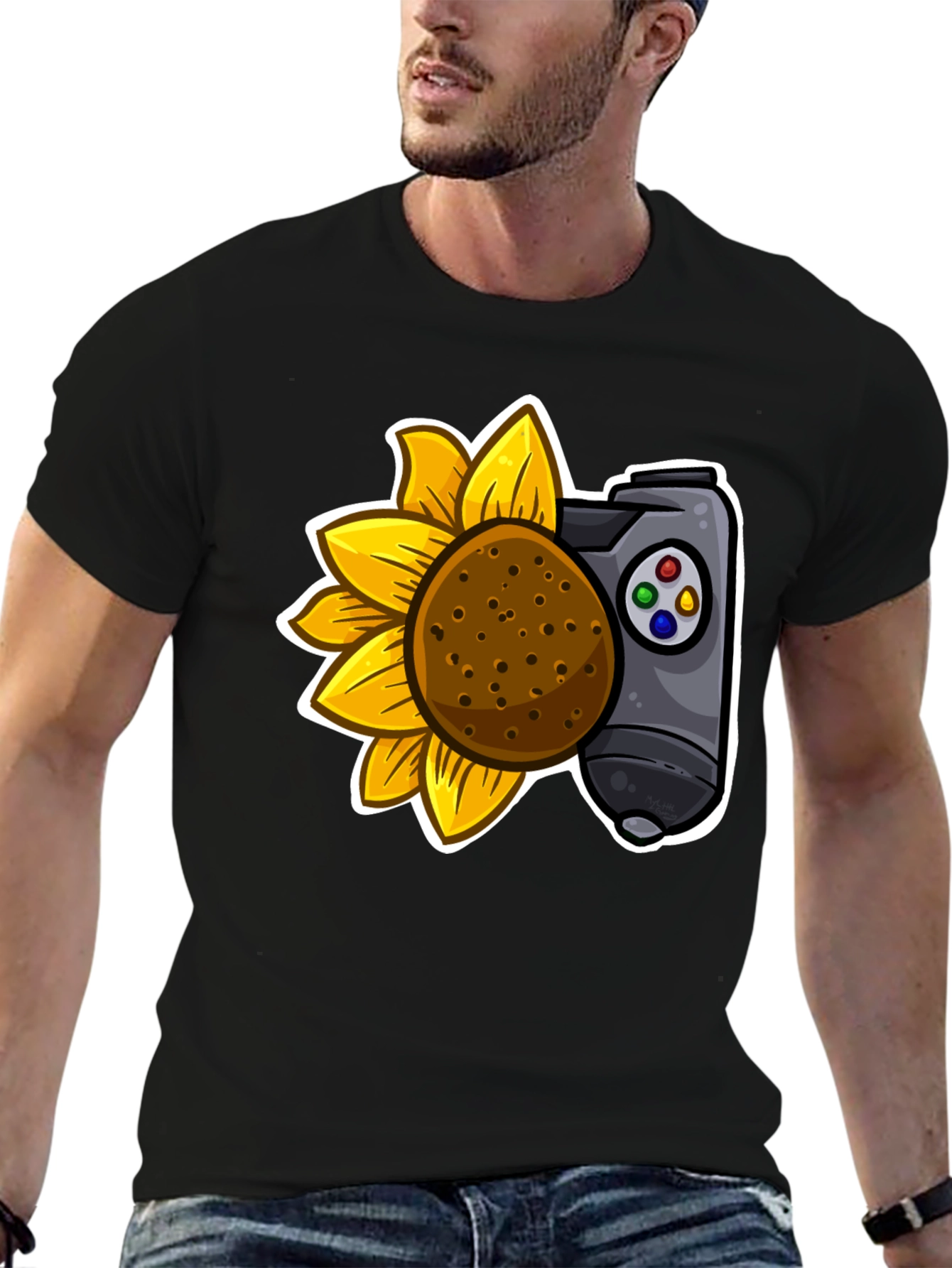 Camiseta Negra con Girasol y Mando de Videojuegos