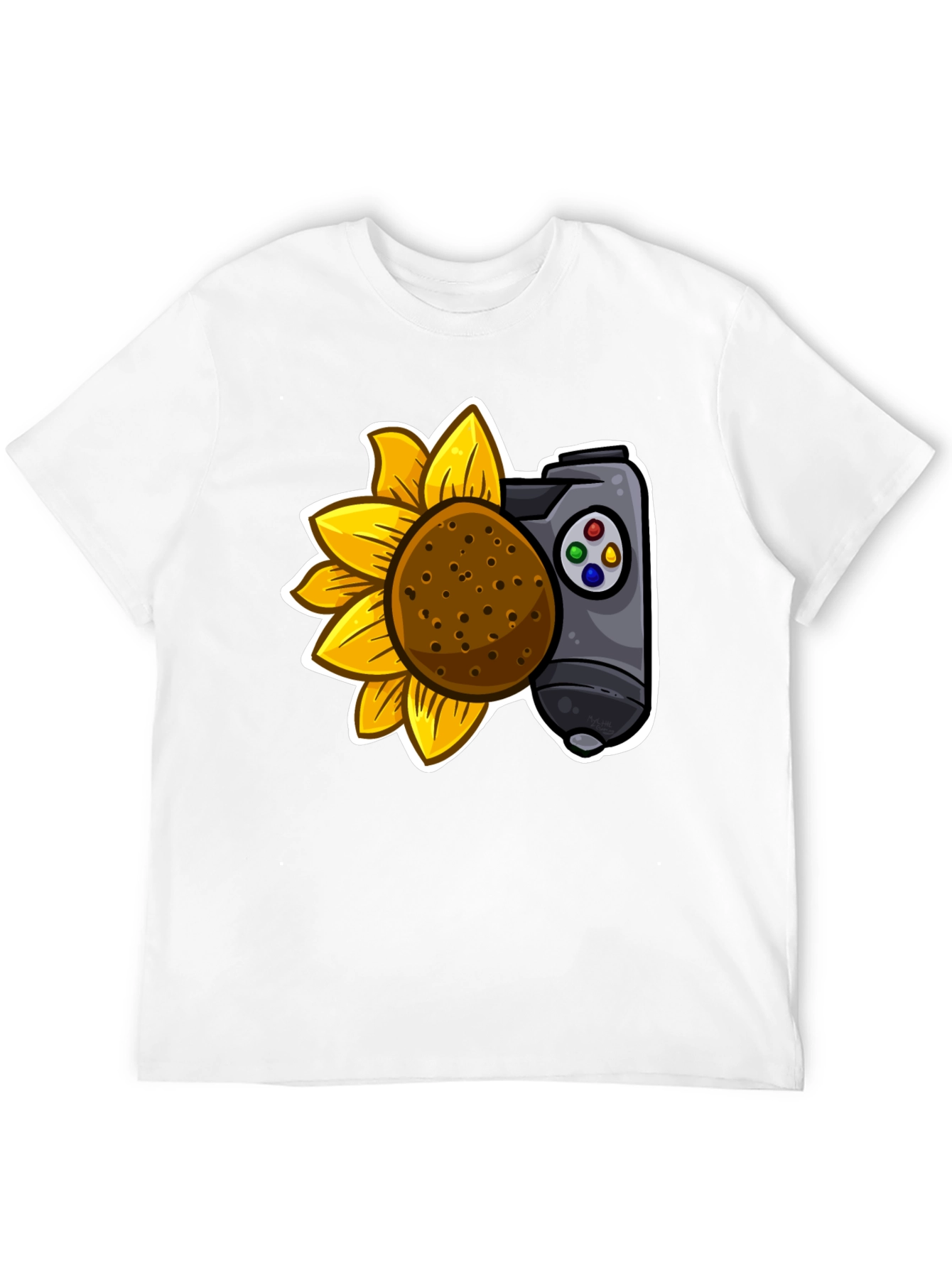 Camiseta Negra con Girasol y Mando de Videojuegos