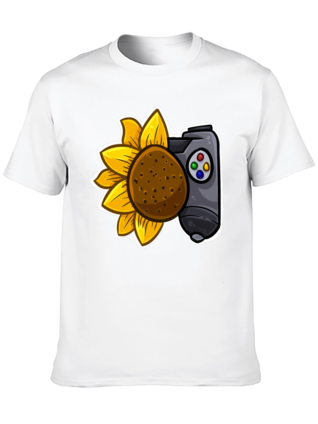 Camiseta Negra con Girasol y Mando de Videojuegos