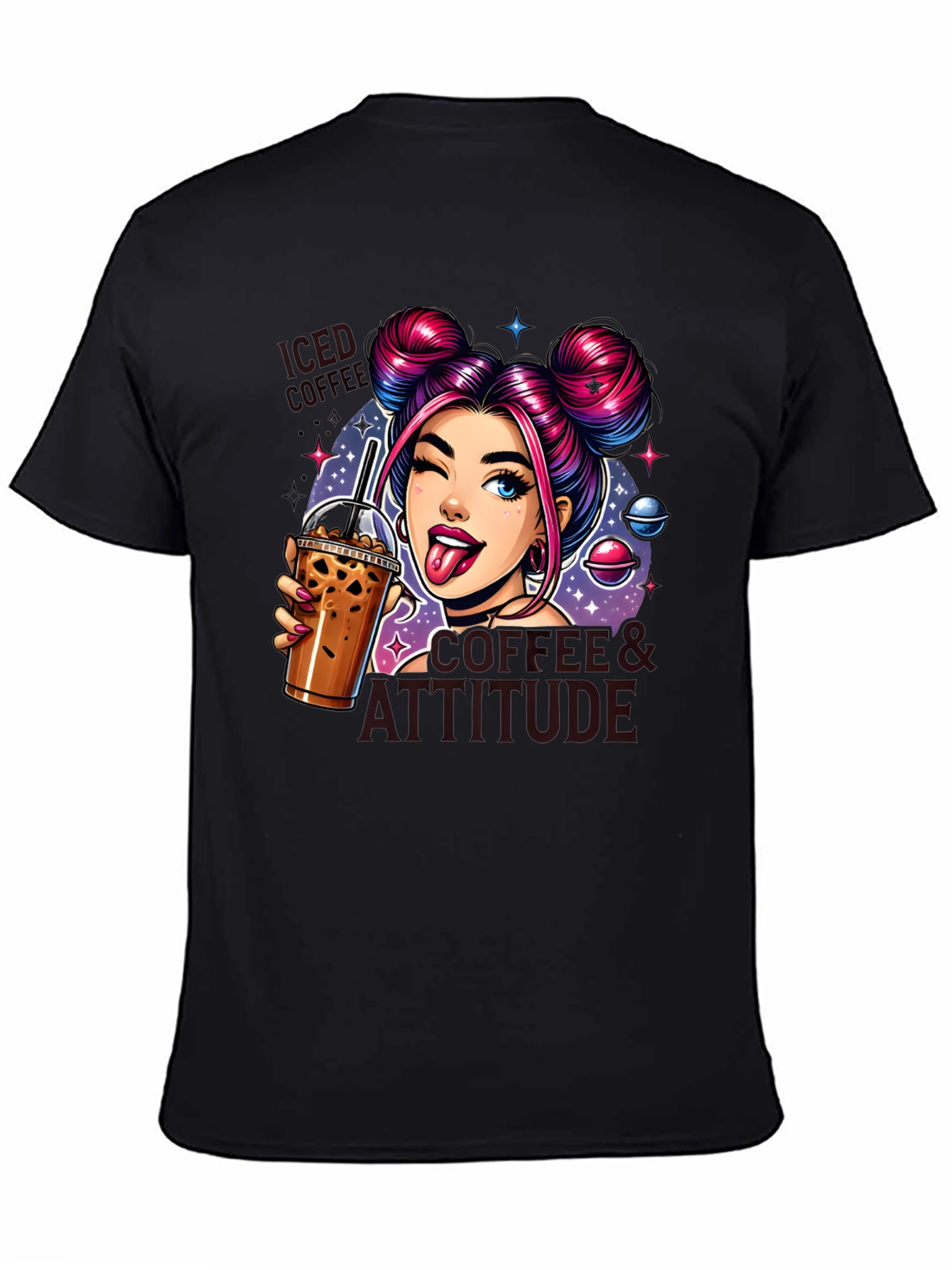 Camiseta Negra con Diseño de Chica y Café Helado