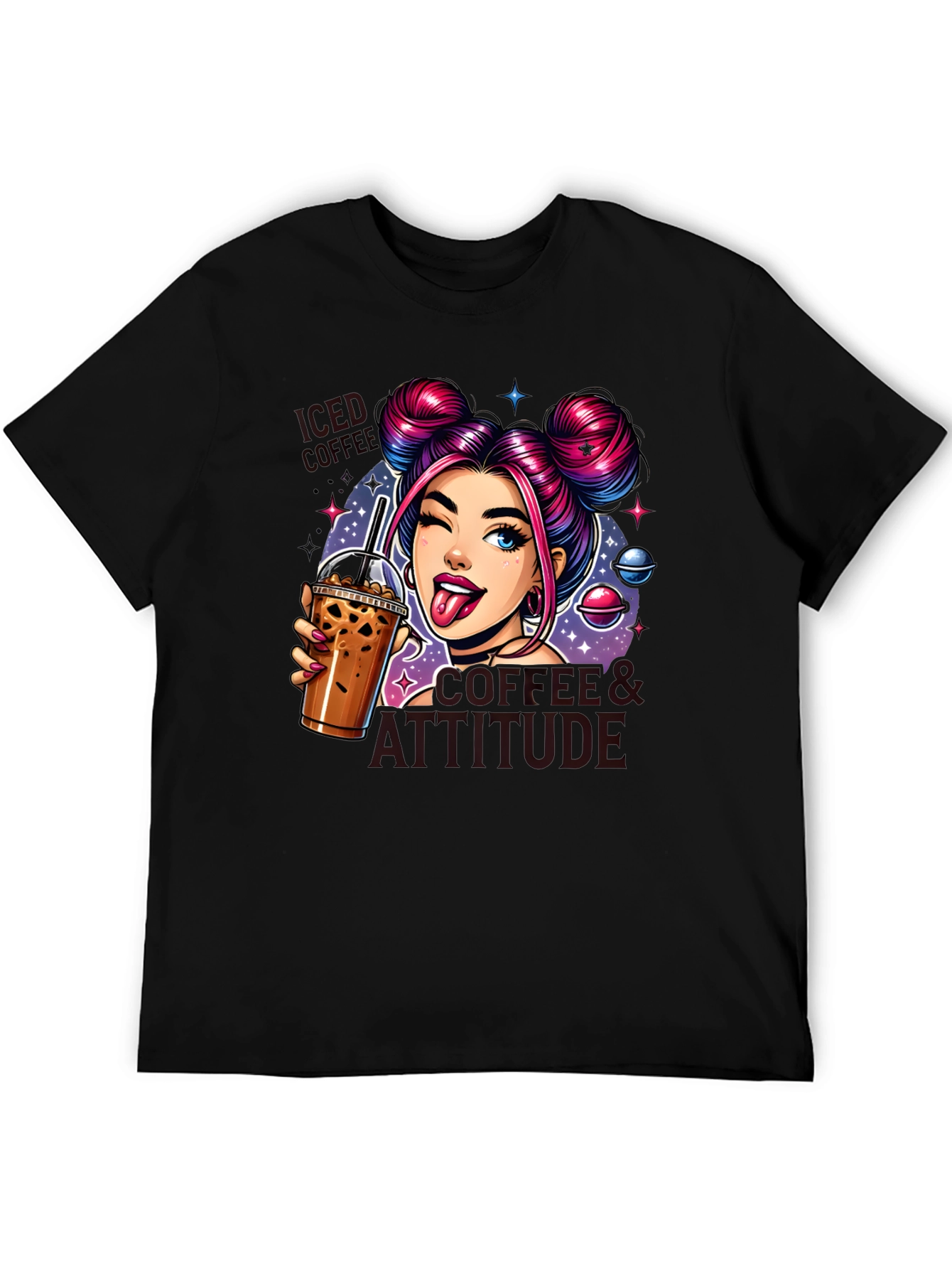 Camiseta Negra con Diseño de Chica y Café Helado