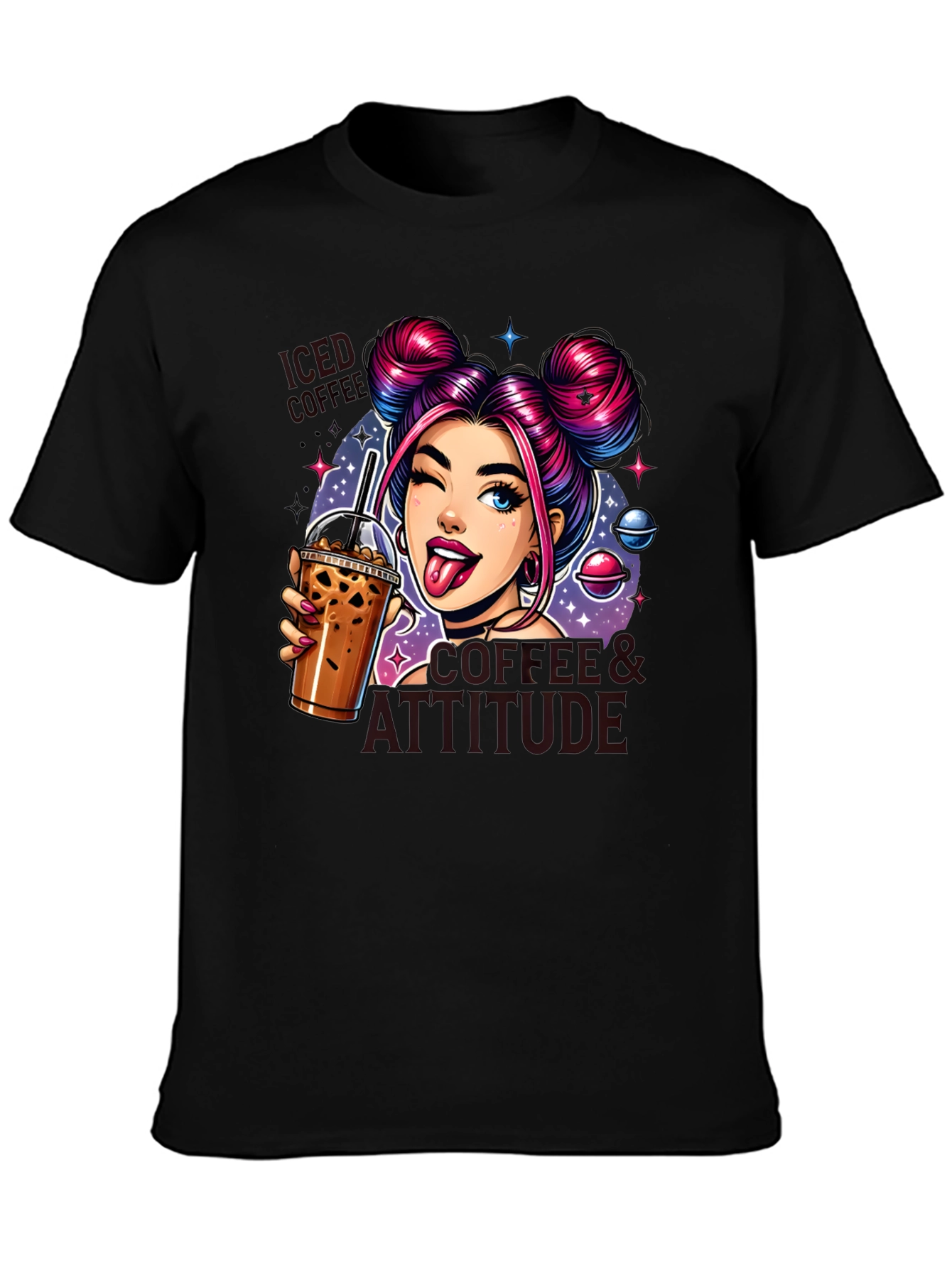 Camiseta Negra con Diseño de Chica y Café Helado