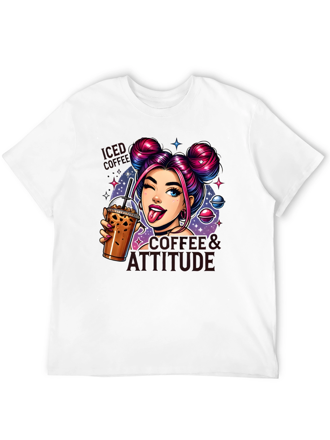 Camiseta Negra con Diseño de Chica y Café Helado