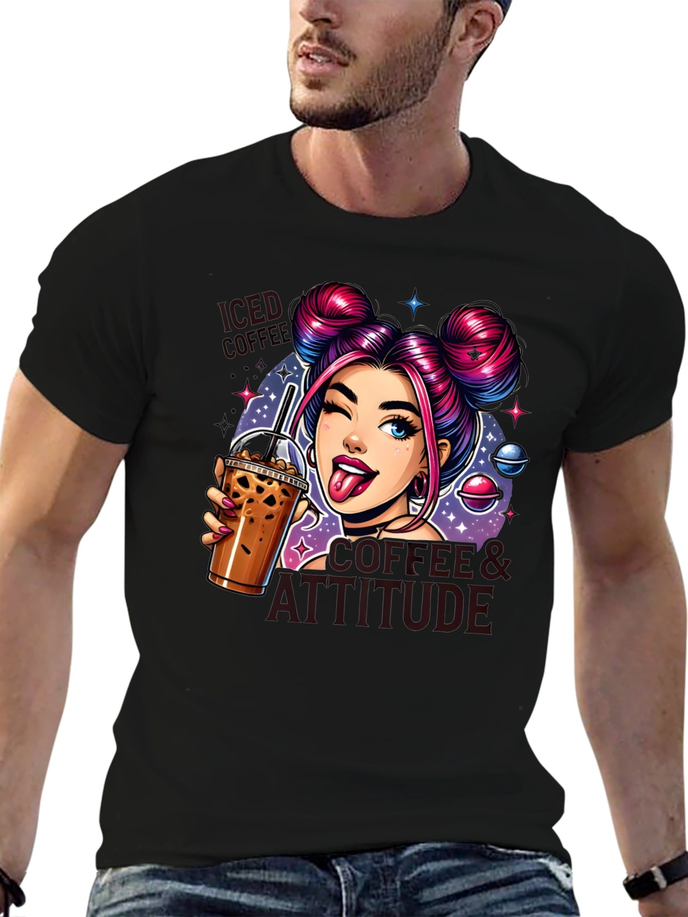 Camiseta Negra con Diseño de Chica y Café Helado