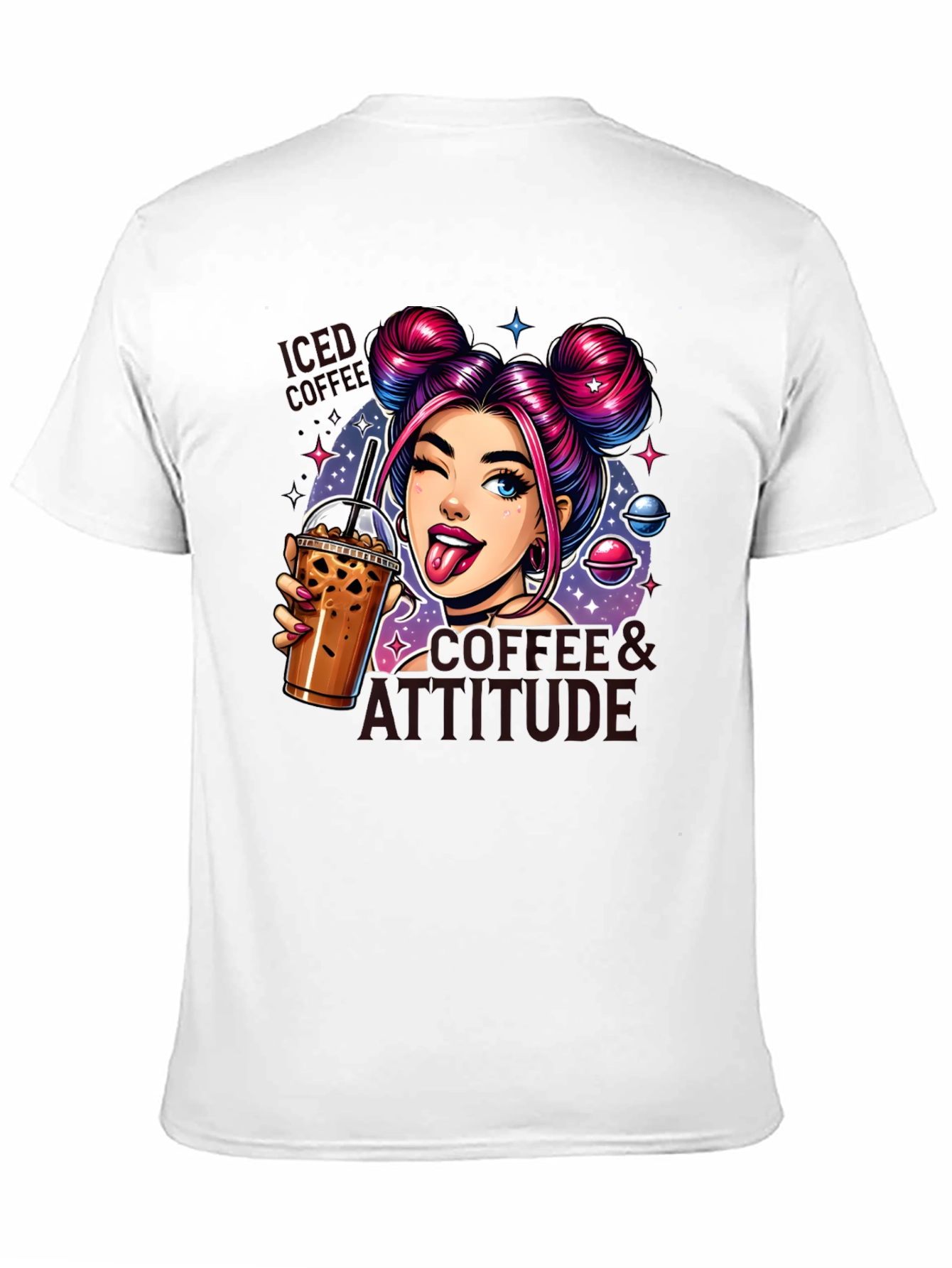 Camiseta Negra con Diseño de Chica y Café Helado