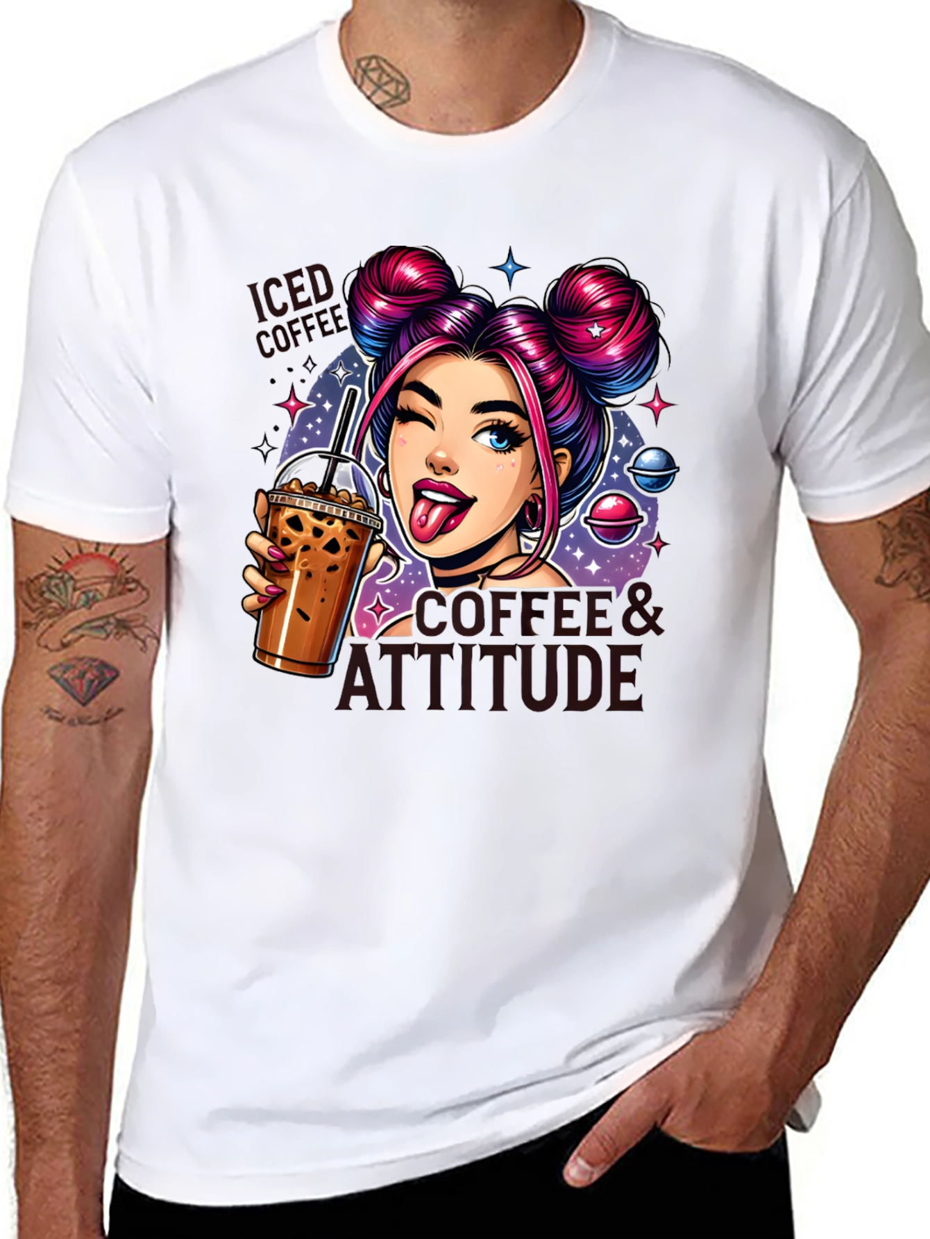 Camiseta Negra con Diseño de Chica y Café Helado