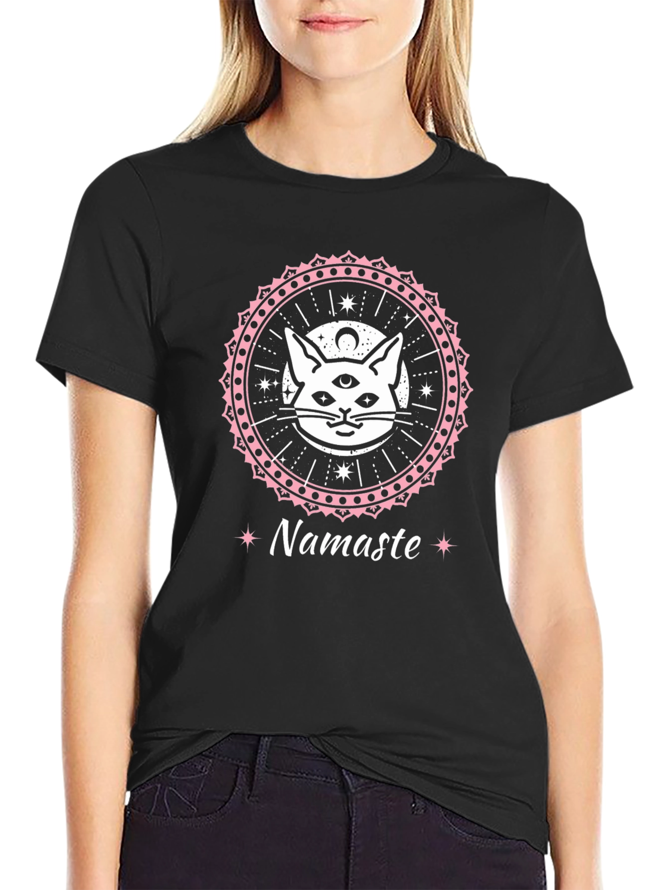 Camiseta Negra con Diseño de Gato Namaste