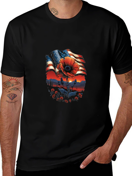 Camiseta Hombre: Bandera Americana con Amapola