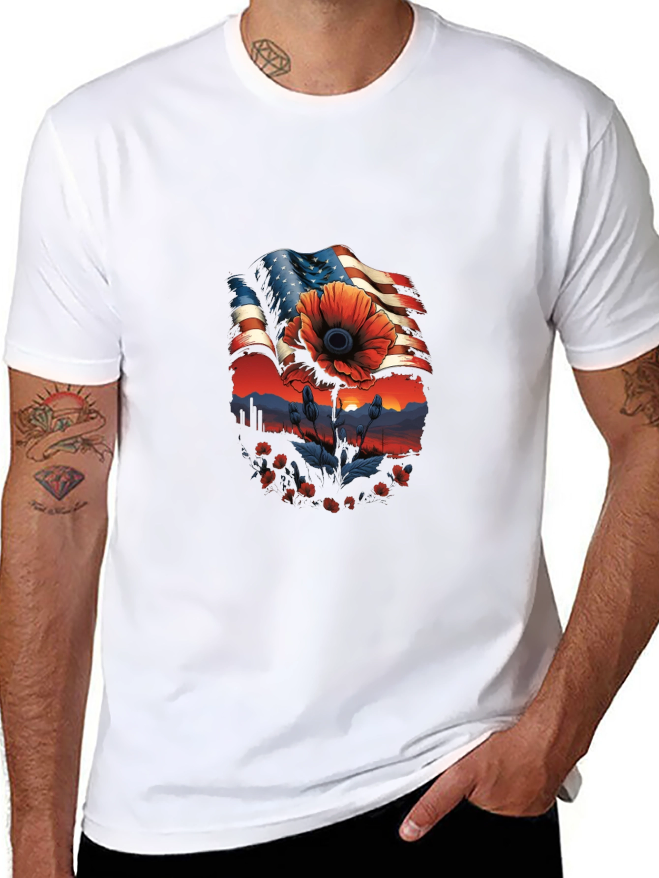 Camiseta Hombre: Bandera Americana con Amapola