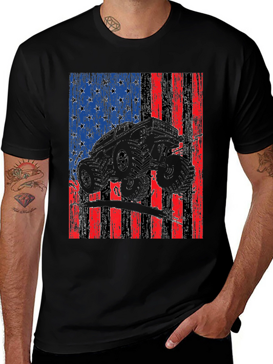 Camiseta Negra con Diseño de Bandera Americana y Camioneta