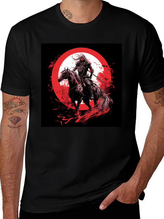 Camiseta Negra Gráfico Jinete y Luna Roja