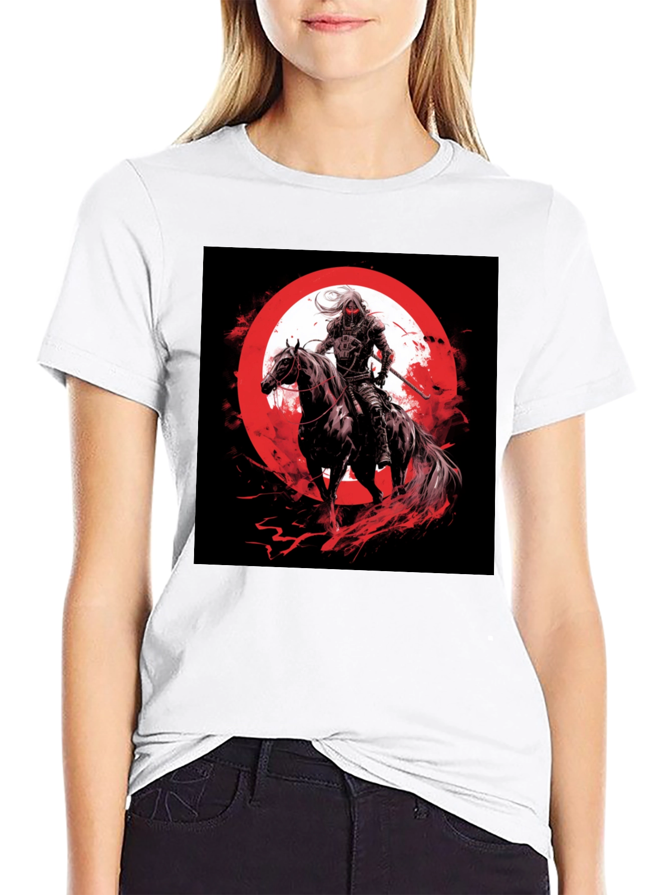 Camiseta Negra Gráfico Jinete y Luna Roja