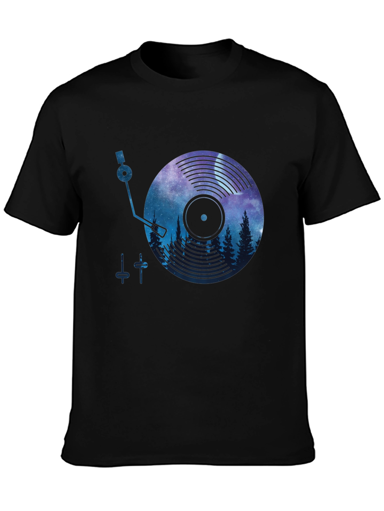 Camiseta Negra con Diseño de Vinilo y Paisaje Nocturno
