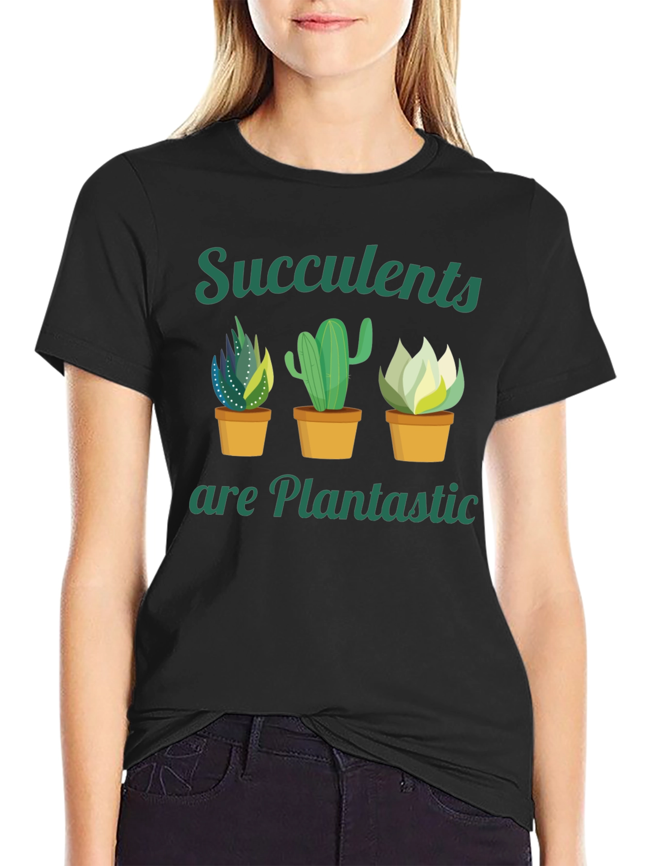 Camiseta Negra con Diseño de Suculentas