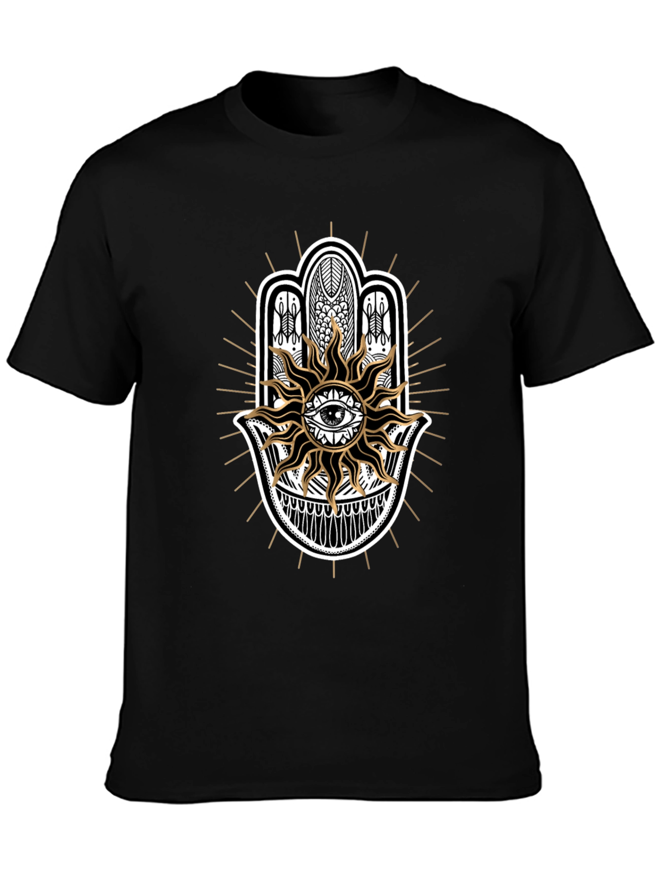 Camiseta Negra con Mano de Fátima y Sol