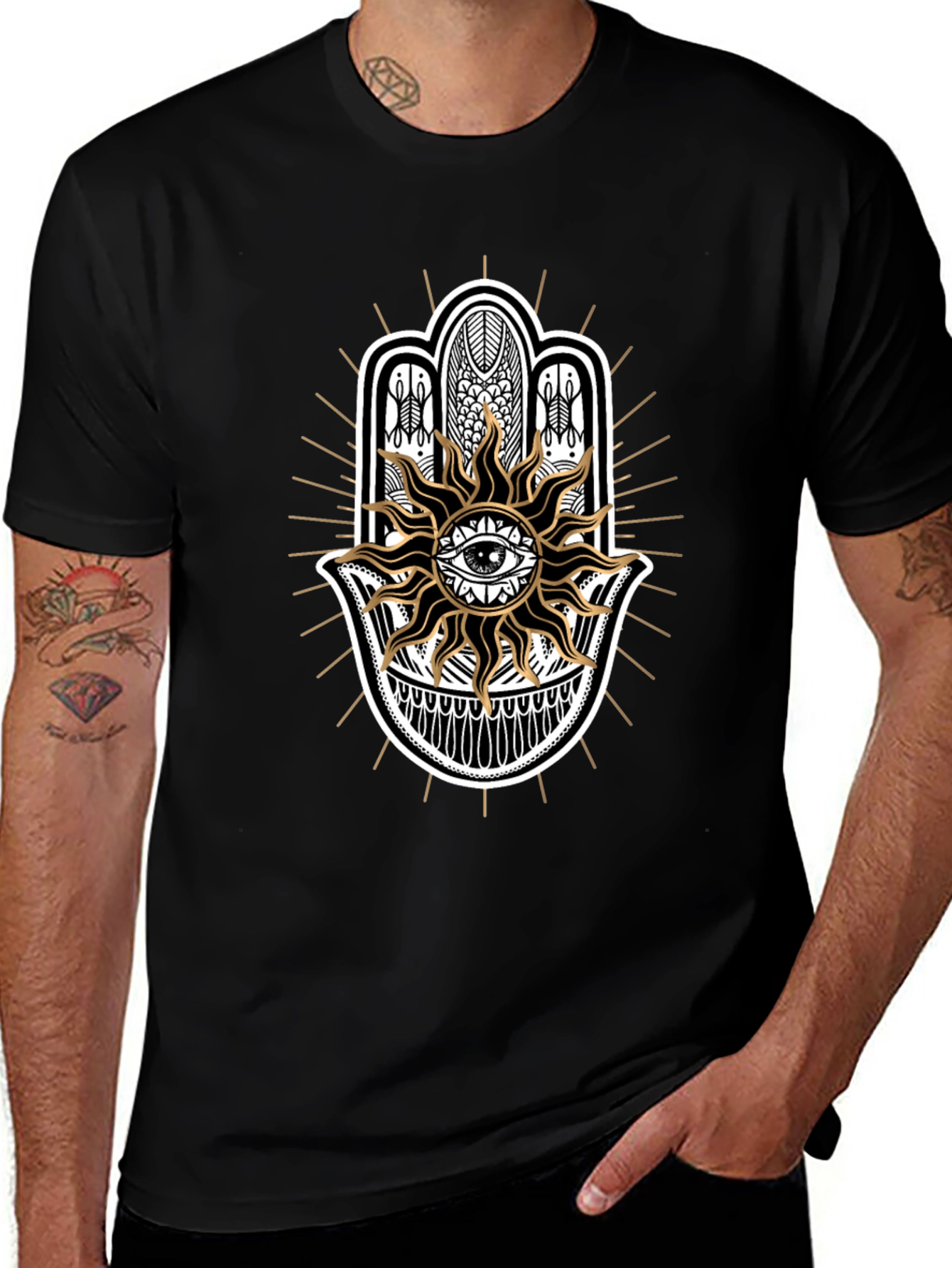 Camiseta Negra con Mano de Fátima y Sol