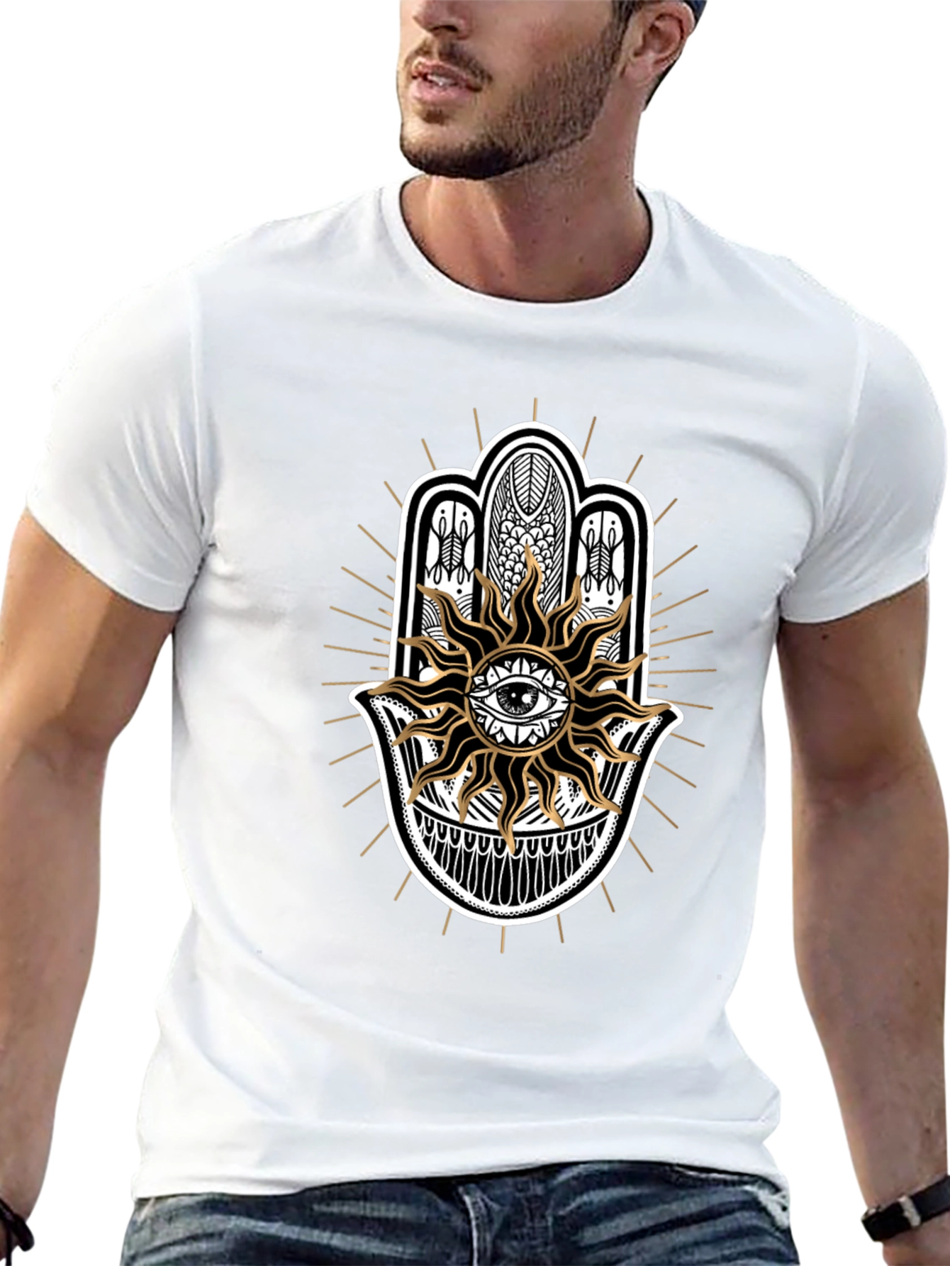 Camiseta Negra con Mano de Fátima y Sol