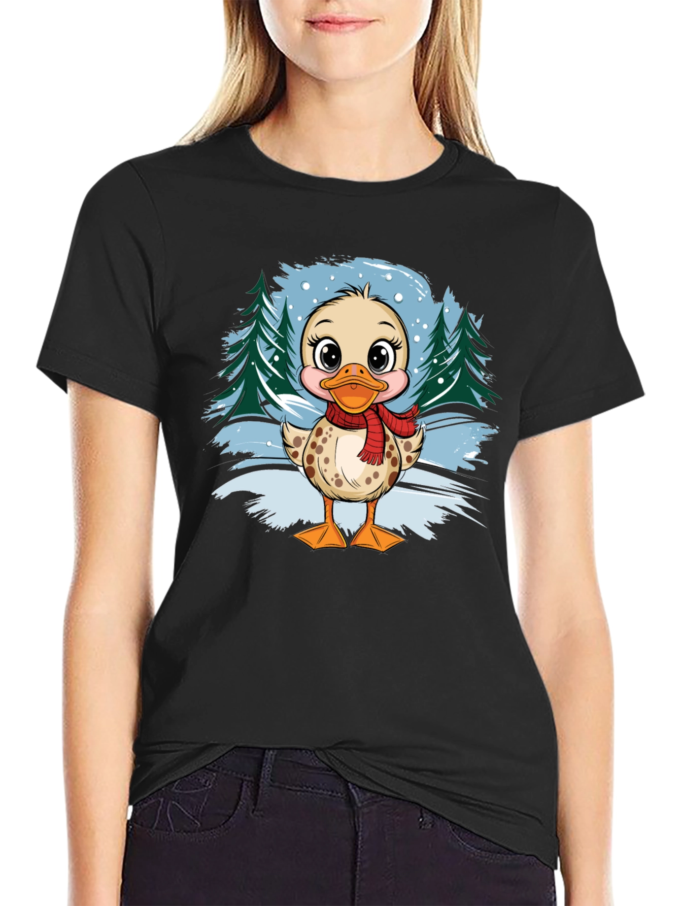 Camiseta Negra con Diseño de Pato Invernal